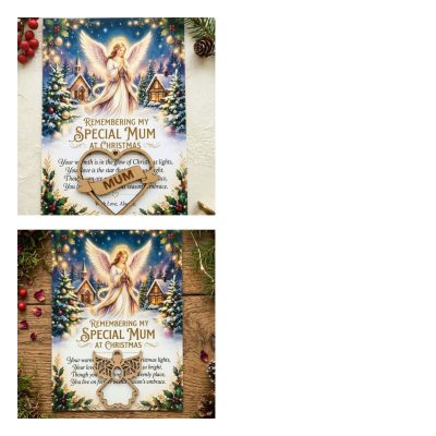 Finished Mum Christmas Remembrance Card shown with both the engraved wooden Heart and Angel keepsake token options laid on top.