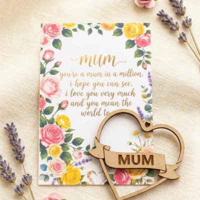 Finished Mum Heart Keepsake Card set featuring a printed floral poem card with a laser-cut wooden MUM heart token laid on top