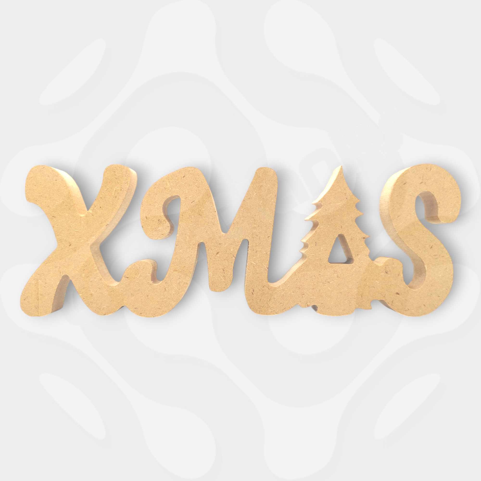 Chunky 18mm freestanding MDF Xmas sign craft blank with integrated tree for DIY festive painting.