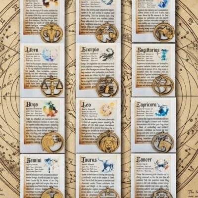 Grid of 12 Zodiac Astrology Cards featuring detailed star sign descriptive message cards with matching laser-cut wooden zodiac embellishments.