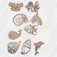 Pack of nine beach MDF embellishments including crab, whale, dolphin and shells for DIY crafts.