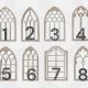 Eight variations of laser cut MDF church window embellishments for DIY craft projects.