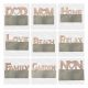 A collection of freestanding MDF word blocks including Home, Love, Family, and Mum designs for DIY crafts.