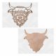 Two variations of Highland cow MDF coasters in detailed cut and plain silhouette styles.