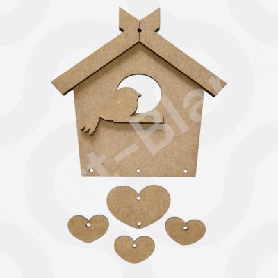 Detailed multi-piece MDF hanging bird house craft blank with bird and heart shapes for DIY painting.