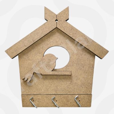 Detailed multi-piece MDF birdhouse key holder craft blank with 3 metal hooks for DIY hallway organization.