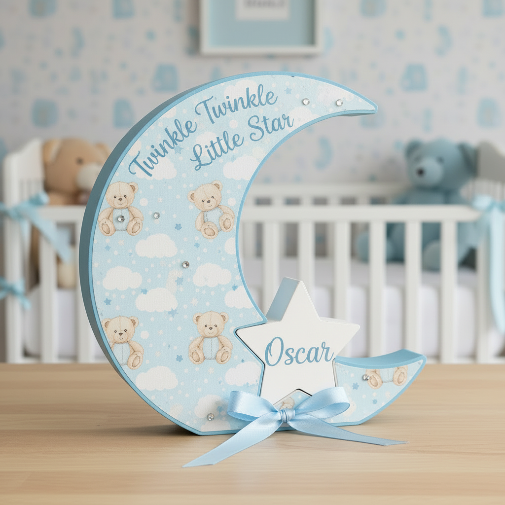 Chunky 18mm freestanding MDF moon and removable star shape craft blank in 20cm size for DIY painting and nursery decor.