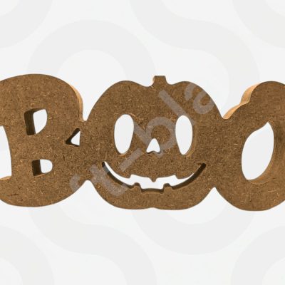 Chunky 18mm freestanding MDF Halloween Boo sign craft blank with central pumpkin for DIY painting and autumn decor.