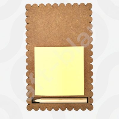 Detailed layered 3D MDF compact notepad holder craft blank with recessed pencil slot for DIY painting.