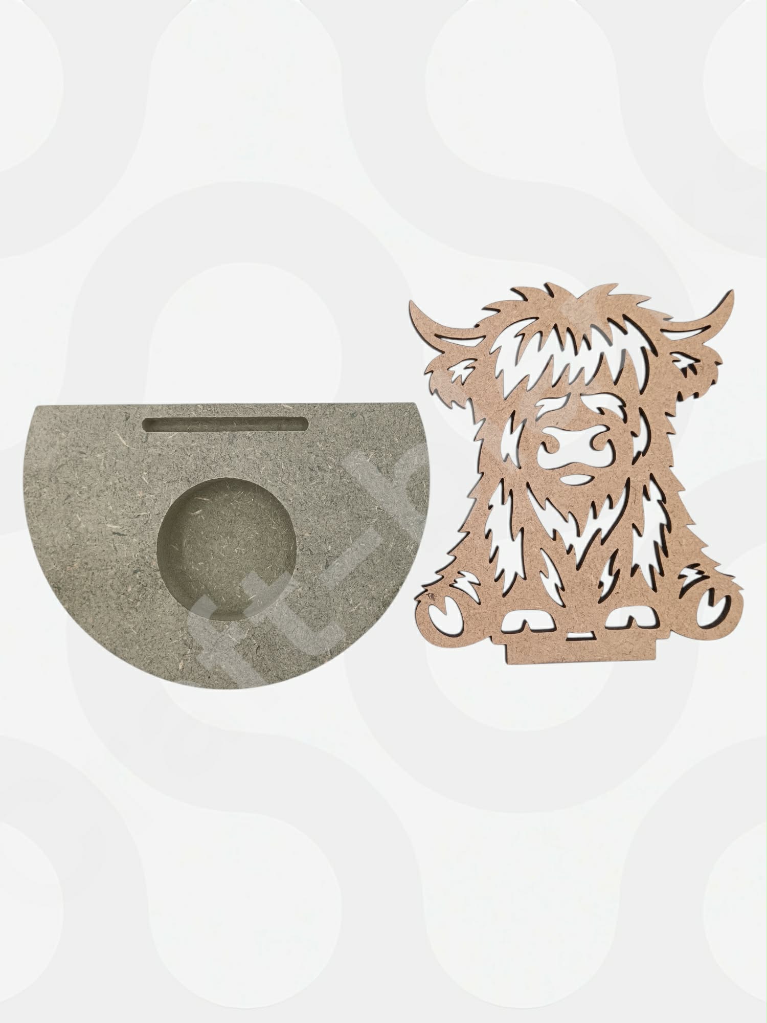 A Highland Cow Tealight Holder made from detailed 4mm laser-cut MDF, featuring a sturdy 18mm base with a 4.2cm hole for an LED tealight.