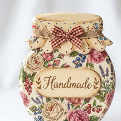 An old-fashioned freestanding 18mm thick MDF Freestanding 3D Jam Jar Plaque featuring a layered frilly lid, band, and central label for a 3D effect.