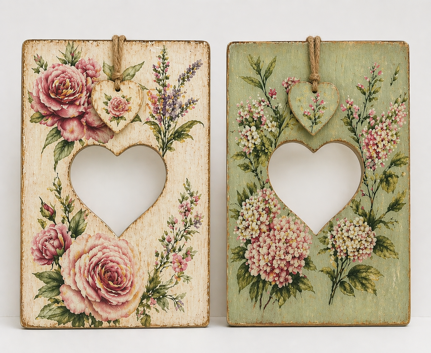 Two unfinished Freestanding Heart Cut-Out Plaques in different sizes, made from 18mm thick MDF with a central heart-shaped hole and a separate small heart charm.