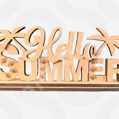 Four different Freestanding Summer Table Signs made from 4mm MDF, showing layered 3D designs of summer themes on a two-piece base.