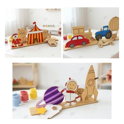 Three variations of Montessori Colouring Craft Kits in Farm, Space, and Circus themes, showing unfinished and partially painted MDF characters slotted into a 20cm wooden base.