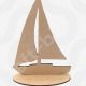A Sailboat MDF Craft Blank showing a 4mm thick wooden boat silhouette with options for a freestanding base or a hanging hole.