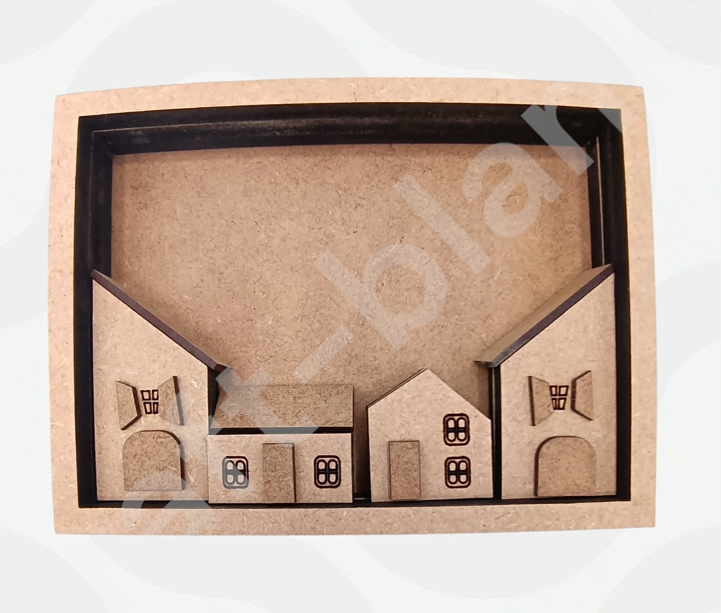 An unassembled layered 3D house shadowbox kit in natural MDF, showing the tiered frames and separate house embellishments.