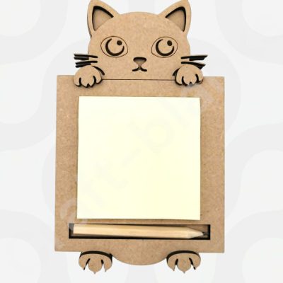 A Cat Notepad Holder made from 4mm MDF, featuring a 3D paw design and a recessed slot for the included pad and pencil.