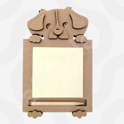 A Peeking Dog Notepad Holder made from 4mm MDF featuring 3D ears, paws, and nose with a recessed 100-page notepad and pencil.