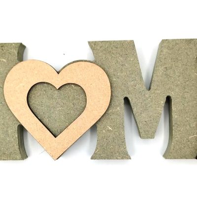 A Freestanding HOME Sign made from 18mm MDF featuring a 4mm heart photo frame overlay and a matching 3D letter E for DIY crafting.