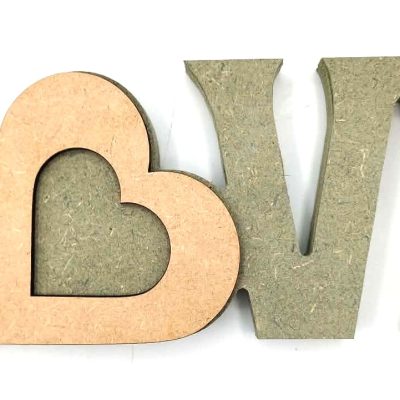 A Freestanding LOVE Sign Wood Craft Blank made from 18mm MDF, shown with its separate 4mm heart overlay ready for DIY decorating