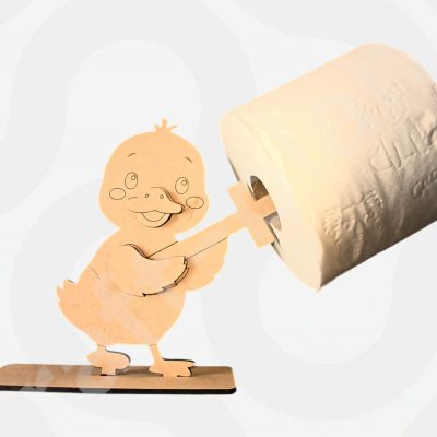 A Novelty Duck Toilet Roll Holder craft blank kit made from 4mm MDF, showing the flat-packed slot-in stand, body, and separate 3D beak and wing.