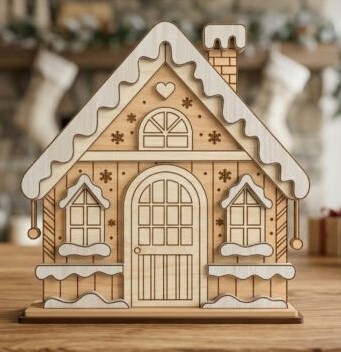 A set of four Freestanding Festive Layered Houses crafted from MDF, showing the painted 3D Toy Shop, North Pole Workshop, Winter Scene, and Town House standing on a wooden surface.