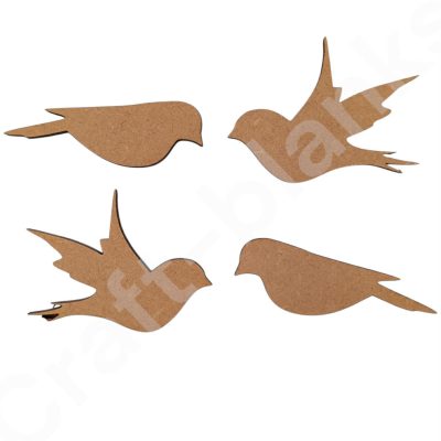 Set of 4 laser-cut Bird Embellishments MDF craft shapes measuring 7.5cm wide in flying and perched poses.