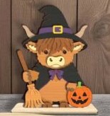 Painted Layered Highland Cow Shelf Sitter MDF craft kits in various autumn themes including witch outfits, fall foliage, and sunflowers.