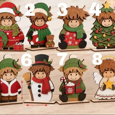 Set of 8 painted Christmas Highland Cow Shelf Sitter MDF craft blanks styled as Santa, Elf, Snowman, Angel, and Christmas tree characters standing on wood bases.