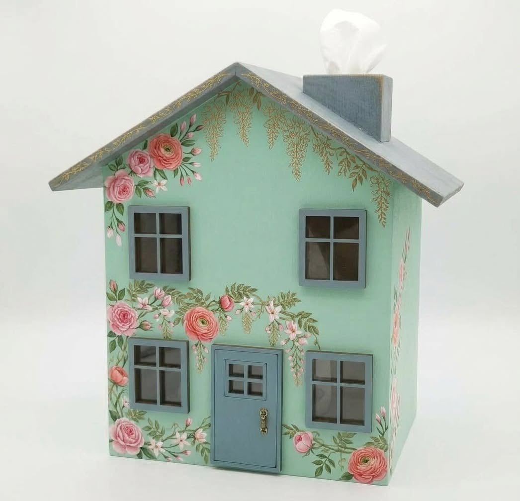 Front view of a 4mm MDF House Shaped Tissue Box Cover showing the chimney tissue dispenser and 3D door and window overlays.