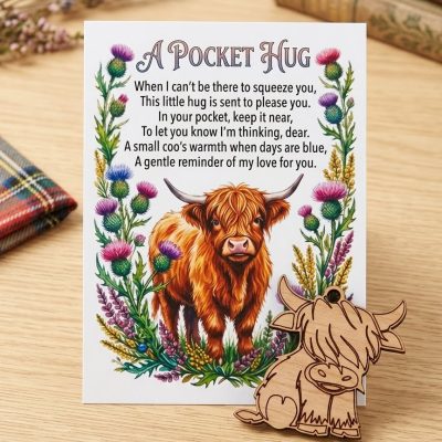 Finished Highland Cow Hug Card kit showing the printed thistle poem card alongside the rustic laser-cut wooden Highland cow token.