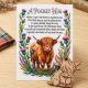 Finished Highland Cow Hug Card kit showing the printed thistle poem card alongside the rustic laser-cut wooden Highland cow token.