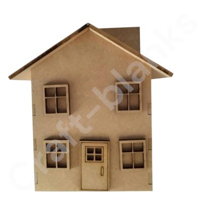 Front view of a 4mm MDF House Shaped Tissue Box Cover showing the chimney tissue dispenser and 3D door and window overlays.