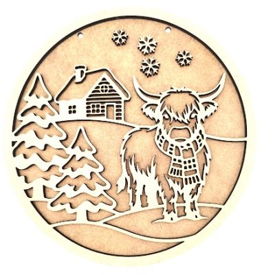 Winter Highland Cow craft Plaque showing a 20cm laser-cut frame with a Highland cow in a scarf, log cabin, and pine trees against a plain base ready to decorate