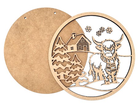Finished Winter Highland Cow Plaque showing a 20cm laser-cut frame with a Highland cow in a scarf, log cabin, and pine trees against a plain base ready to decorate
