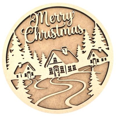 Christmas Village Plaque Blank displaying a 20cm round layered wooden door hanger with winter cottages, pine trees, and "Merry Christmas" script lettering against a red background.