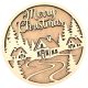 Christmas Village Plaque Blank displaying a 20cm round layered wooden door hanger with winter cottages, pine trees, and "Merry Christmas" script lettering against a red background.